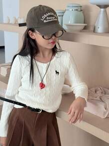 Dazy Kids Áo len thêu cổ tròn cho bé gái, Quần áo mùa thu - trắng - Xem 3