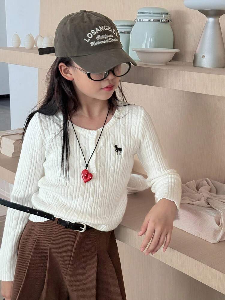 Dazy Kids Áo len thêu cổ tròn cho bé gái, Quần áo mùa thu - trắng - Xem 3
