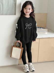 DAZY 2件套女童圆领针织蝴蝶结印花套装 - 黑色 - 查看 5
