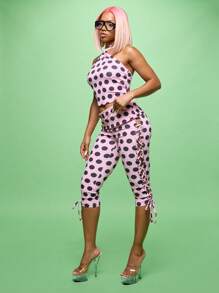 SUMWON WOMEN Leggings capri con cordones laterales de estilo retro, cintura alta con estampado de lunares, ajuste ceñido, ropa de calle, ropa de fiesta, pantalones de fiesta, ropa de noche, moda de declaración