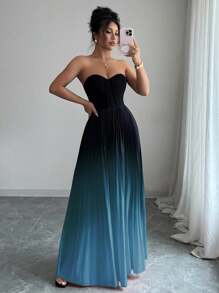 Elenzga 渐变色优雅浪漫褶饰腰部 A 字形下摆露肩连衣裙 - 彩色 - 查看 5