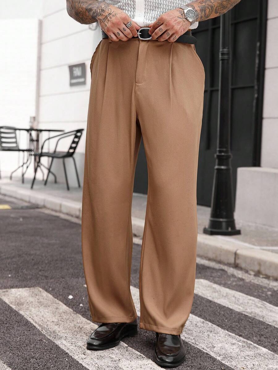 Manfinity Homme Men's Casual Versatile Solid Color Pants Loose Pants Oversized Pants High Waisted Pants Brown Pants,Men's Casual Suit Pants, British Casual Pants For Daily Commuting Wide Leg Pants,For Men