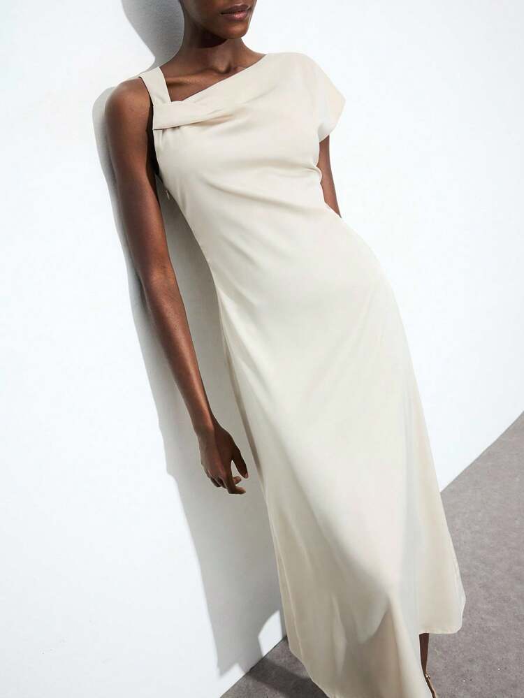 SHEIN Maija Women's Elegant Solid Color Asymmetric Neck Dress, Summer Asymmetrical Dress Creme Dress Tall Dress Draped Dress One Shoulder Dress Business Casual Women's Wear, Office Wear, Low-Key Old Money Style, Effortless Temperament, High-End Urban Commuting, The Same Style As The Editor-In-Chief Of The Magazine, Urban Social Vacation Party Wear, Charming, Low-Key And Durable Basic Style, Versatile And Not Picky Clothing, Street Fashion Wear, Clothing, Coffee Shop, Relaxed Wear All-Season Women's Airport