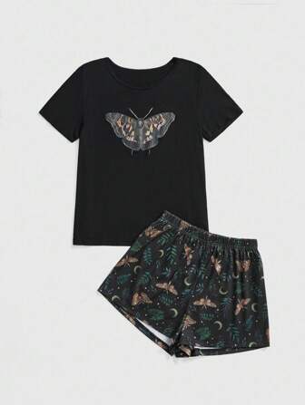 Goth Ensemble de pyjama décontracté à manches courtes et shorts avec imprimés gothiques de crâne, papillon, feuille et lune