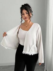Elenzga Plus Size Women Elegant Woven Long Sleeve Lace Trim Fitted Apricot Jacket Fall Cloth For Women - Apricot - View 8