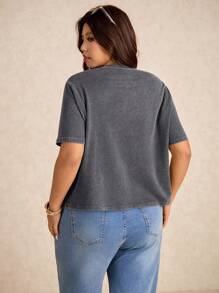 Elaquor Damen Große Größen Lässig Mode Street Spitze Patchwork Kurzarm Washed T-Shirt, Sommer - Grau - Übersicht 2