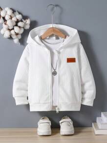 Genkimix Kids 1 件装年轻男孩简约纹理纯色全拉链连帽夹克，外套，秋冬新品，适合日常穿着、户外、校园和返校季 - 白色 - 查看 4