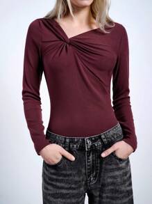 Maija Women's Burgundy Asymmetrical Twist Collar Long Sleeve Fitted T-Shirt, Fashionable, Sexy And Elegant, Versatile Casual Daily Wear Festival
