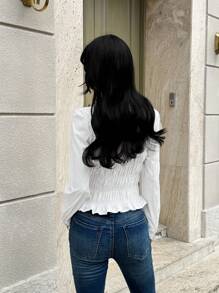 SHEIN Unity Camisa de mujer de unicolor con volantes en el bajo y botones al frente, para uso diario - Blanco - Ver 5