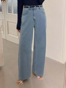 DAZY 浅色水洗蓝色直筒休闲牛仔裤，适合所有季节 - 淺色水洗藍 - 查看 1