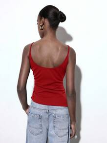 Maija Women's Red V-Neck Cold-Shoulder Camisole, Solid Color Ruched Asymmetric Hem Side Slit Fashionable Versatile Casual Blouse For Urban, Business Casual - Red - View 6