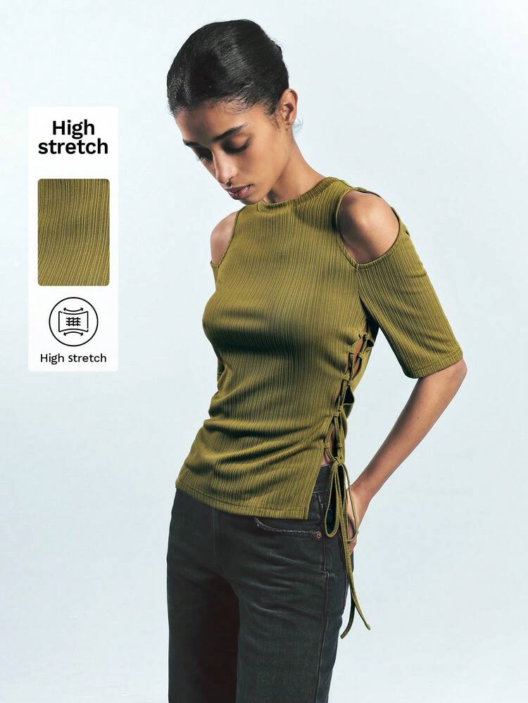 SHEIN Maija Women's Green Solid Color Exposed Shoulder Short Sleeve Side Tie Up Split Fitted Casual T-Shirt Top, Fashionable & Versatile Festival