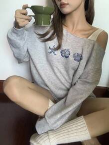 SHEIN EZwear Women's Casual Colorblock Loose Fit Asymmetrical Neck Long Sleeve Sweatshirt, Suitable For Autumn/Winter, Hibiscus Flower, Starfish, Shell Print