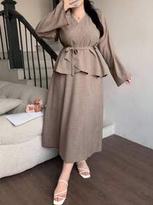 Dazy Plus Bộ 2 chiếc áo buộc dây eo và chân váy đuôi cá cỡ lớn dành cho nữ, phù hợp cho mùa xuân, hè, thu - Màu Khaki - Xem 6