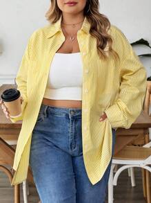 SHEIN CURVE+ Plus Size Women's Striped Printed Simple Daily Long Sleeved Shirt, Long Sleeved Top,Teacher Shirtsfall Clothes For Women,Winter,CURVE PLUS