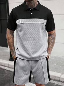 Manfinity CasualCool Men's Premium Grey Jacquard Wheat Texture Polo Shirt And Shorts Set,2 Pieces Casual Streetwear Summer Outfit For City Break,Minimalist Daily Wear - Multicolor - View 6