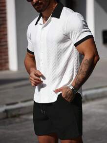 Manfinity CasualCool Bộ áo sơ mi tay ngắn và quần short vải họa tiết tương phản mùa hè dành cho nam Áo sơ mi nam mùa hè - Đen và trắng - Xem 5