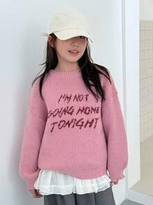 DAZY 青少年女孩字母图案落肩长袖圆领毛衣，秋季服装 - 粉色 - 查看 7