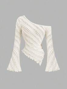 Sweetra 女士新款春夏秋季休闲通勤旅行衬衫，纹理面料，不对称下摆，喇叭袖，侧面金属装饰设计