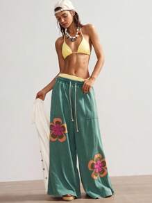 Bohemela 女士休闲针织拼布宽松阔腿裤 - 綠色 - 查看 7