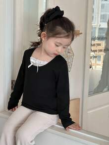 DAZY 年轻女孩蕾丝拼布长袖休闲百搭蝴蝶结装饰T恤 - 黑色 - 查看 3