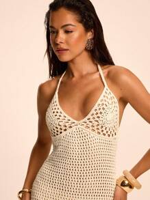 SHEIN BAE Knitted Hollow Out Halter Tie Sexy Women Sweater Dress - Apricot - View 5