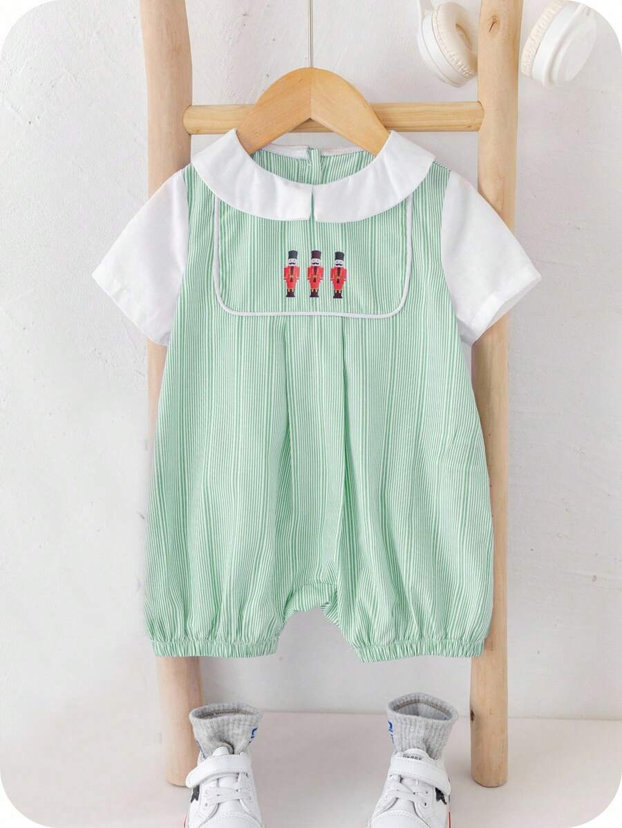SHEIN 新生男婴可爱夏季休闲拼色绿色条纹连体衣,适合生日派对、晚会、表演、婚礼、婴儿洗礼和 1 岁生日庆祝活动 - 彩色 - 查看 1