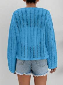 EURMUSE Áo khoác cardigan dệt kim mỏng rỗng tay loe buộc phía trước màu trơn dành cho nữ - Màu xanh lam - Xem 2