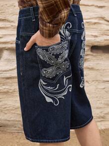 Manfinity Homme 夏季美式宽松嘻哈风刺绣牛仔短裤 - 藍色 - 查看 4