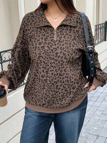 Dazy Plus Plus Size Women Zip-Up Leopard Print Long Sleeve Pullover Hoodie, Street Style Sweatshirt Fall/Winter