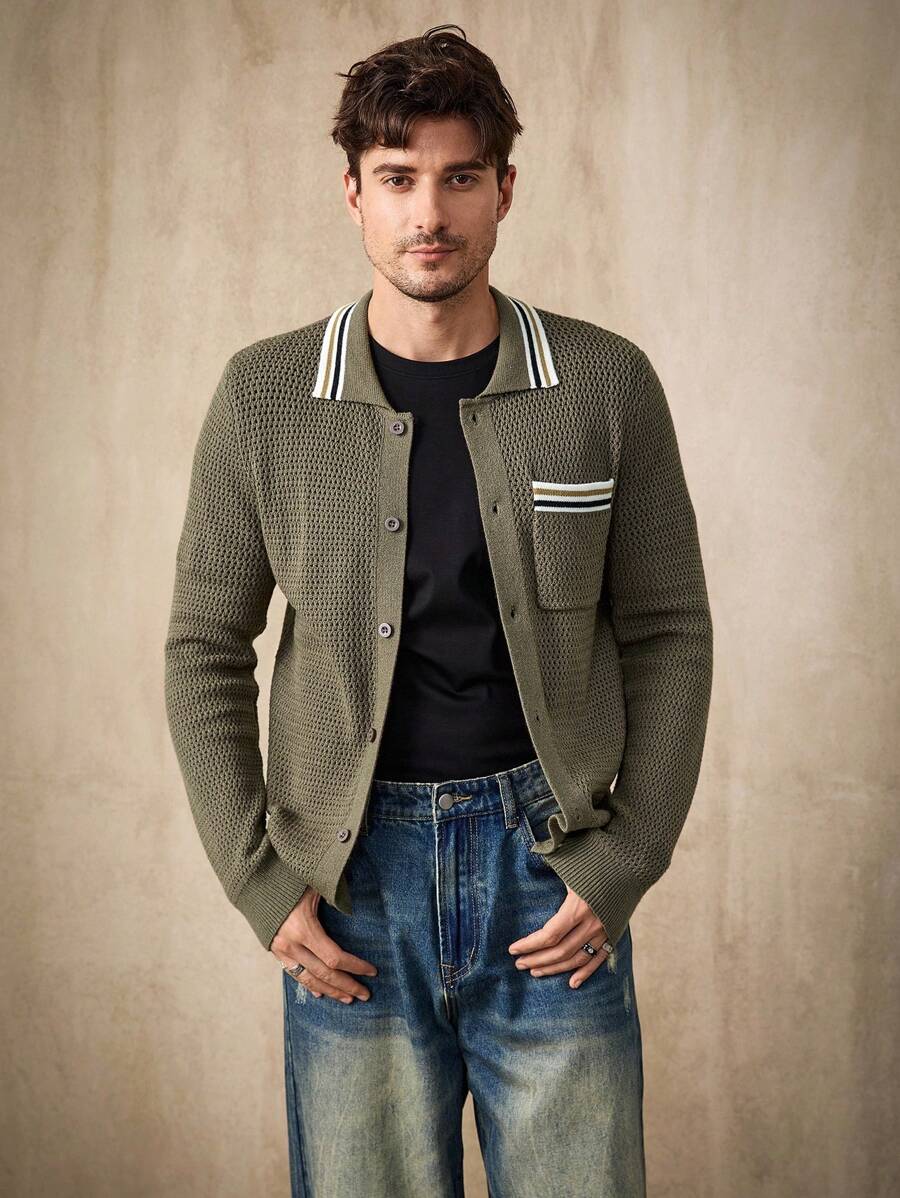 Manfinity Homme Áo khoác cardigan sọc tương phản thường ngày cho nam - Màu xanh Ô liu - Xem 1