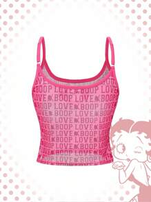 Betty Boop | ROMWE 2 件女式性感字母图案透视紧身吊带背心和短款上衣套装 - 粉色 - 查看 5