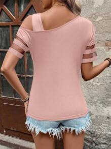 SHEIN LUNE 女士休闲度假不对称肩部短袖网眼拼布 T 恤 - 藕粉色 - 查看 2