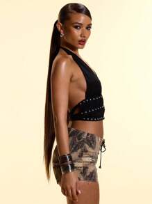 MUSERA Halter-Neck Studded Plunge Front Fitted Crop Top Birthday Vacation Holiday Ibiza Boho Festival Sexy Club Rave After-Show Cute Night Out Going Out Tops Club Party Fall Spring Summer - Black - View 3