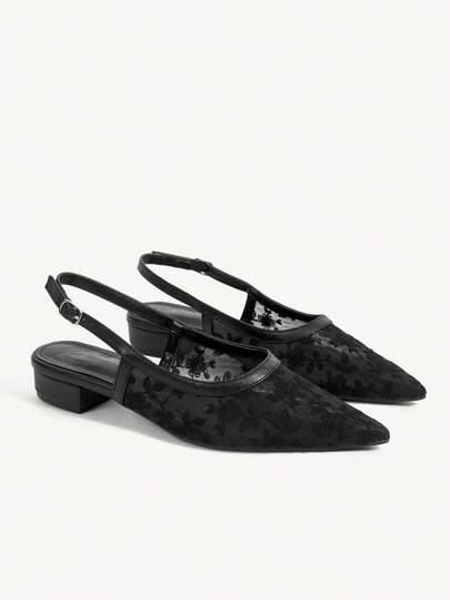 CUCCOO CHICEST Women's Elegant Versatile Comfortable Black Mesh & Lace Pointed Toe Low Block Heel Slingback Flats For Christmas Elegant Shoes Wedding Shoes Spring Shoes Bride Shoes