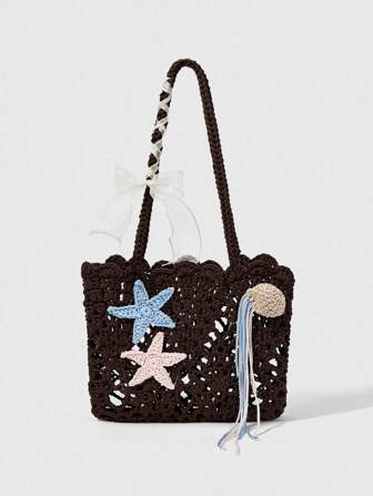 Kawaii Borsa a tracolla in stile bohémien fatta a mano a uncinetto con decorazione a stella marina, adatta per le vacanze