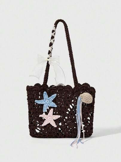 Kawaii Women's Bohemian Style Handmade Crochet One Shoulder Bag With Starfish Decor, Suitable For Vacation