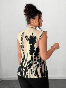 Elenzga Conjunto de 2 piezas de blusa estampada y pantalones ajustados para mujer de talla grande, atuendo elegante de oficina - Albaricoque - Ver 2
