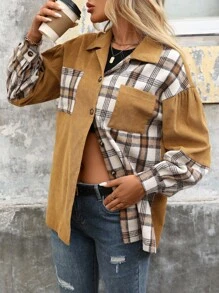 SHEIN LUNE Áo khoác kẻ caro thường ngày dành cho nữ - Màu Khaki - Xem 6