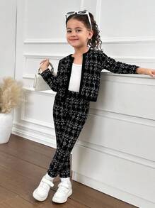 SHEIN Nova Glow 2 件套少女针织格子开衫和配套针织打底裤套装，毕业装 - 黑色 - 查看 1