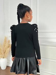 Firerie Kids Firerie Kids Tween Girl Autumn/Winter Fashionable & Elegant Pearl Beaded Puff Sleeve T-Shirt And Pleated PU Skirt 2 Pieces Set, Black