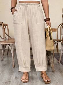 Breezaya Plus Size Casual Solid Color Linen-Look Pants Fall Cloth For Women - Khaki - View 5