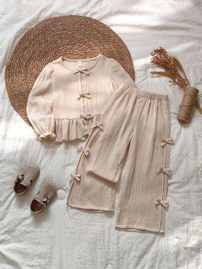 Vintaside Kids 两件套女童棉麻混纺T恤裤套装，质地舒适，适合换季穿着，长袖上衣和长裤，纯色设计，时尚百搭，可爱乡村风，饰有3D蝴蝶结。