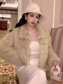 DAZY 新款厚款短款高端蓬松夹克仿皮草大衣 - 杏色 - 查看 7