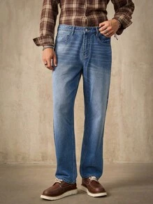 Manfinity Homme 男士中蓝色宽松直筒牛仔裤 - 中等水洗藍 - 查看 8