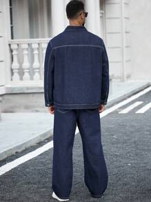 Manfinity Homme 大码男士街头风格休闲抗皱、耐用、防污口袋深蓝色牛仔西装，秋季服装 - 深色水洗藍 - 查看 2