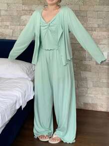 Dazy Plus 3pcs Solid Color Knit Twist Design Camisole Top Coat & Pants Loungewear Set, Plus Size, Outfits, Fall Clothes - Mint Green - View 8