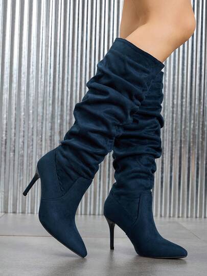 Daringsoles Botas altas de tacón de aguja y punta fina sexy para fiesta, botas azules con efecto caído para mujer, para otoño/invierno