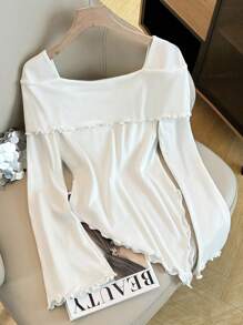 GlowEve Women's Solid Color 3D Floral Decor Ruffle Hem Long Sleeve Fashion T-Shirt