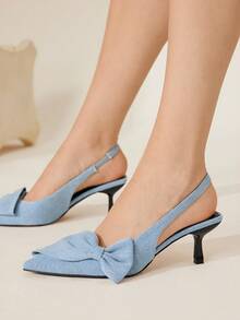 CUCCOO CHICEST 女士优雅浪漫蝴蝶结尖头小猫跟高跟鞋，浅蓝色面料鞋面，一脚蹬款式，适合下午茶、约会、派对、时尚装扮，秋冬 - 藍色 - 查看 5